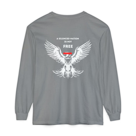 Gray long-sleeve shirt with an eagle graphic and text