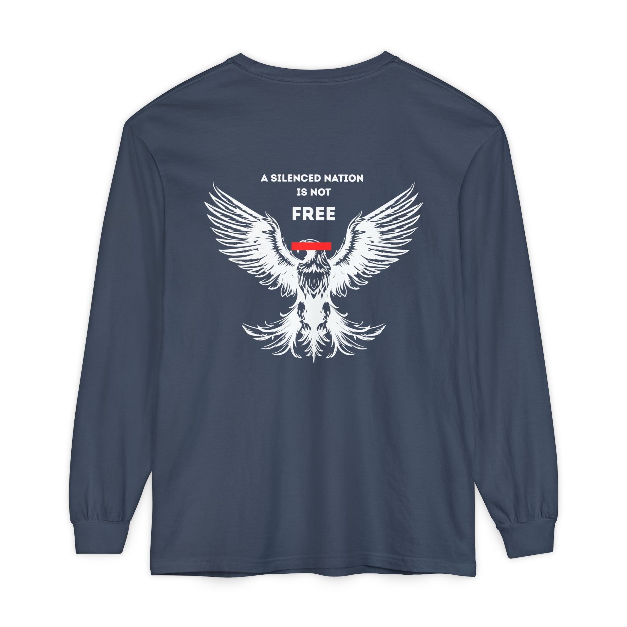 Navy blue long-sleeve shirt with white eagle graphic and text 