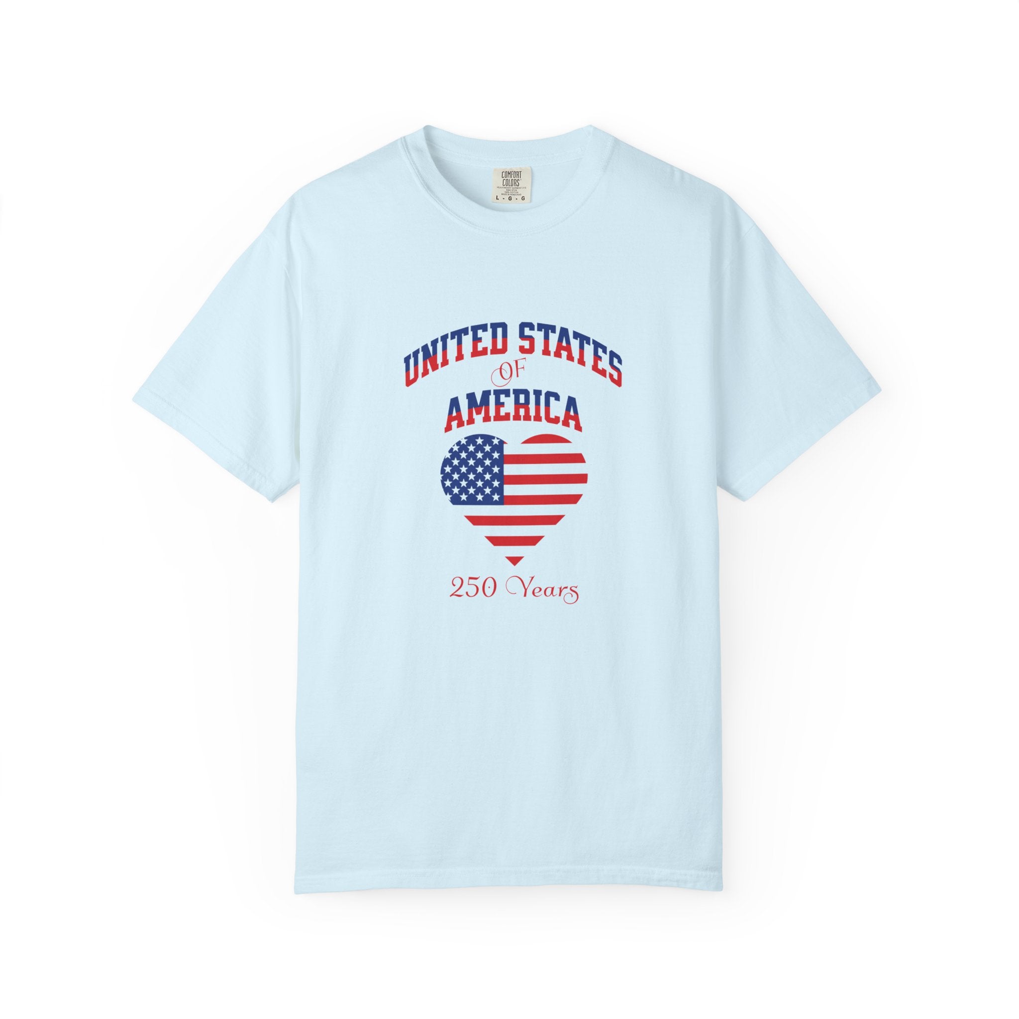 Light blue t-shirt with 'United States of America 250 Years' design on a white background
