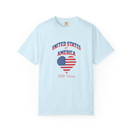 Light blue t-shirt with 'United States of America 250 Years' design on a white background