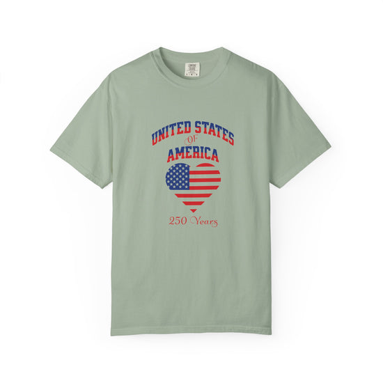 Light green t-shirt with 'United States of America 250 Years' design on a white background