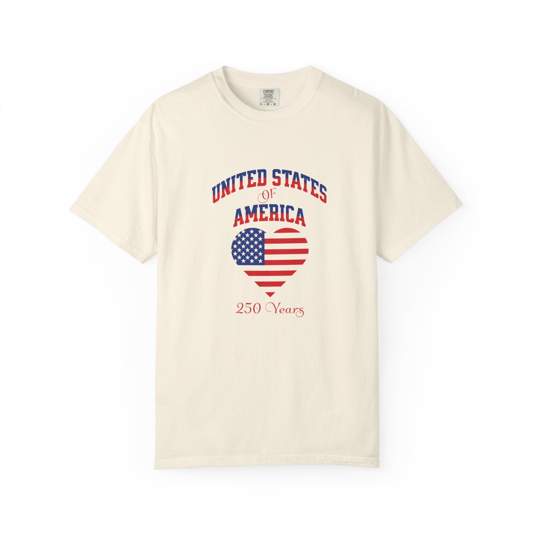 Beige t-shirt with 'United States of America 250 Years' design featuring an American flag heart on a white background