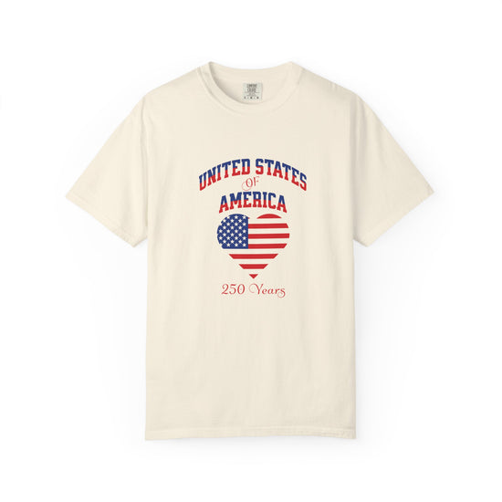 Beige t-shirt with 'United States of America 250 Years' design featuring an American flag heart on a white background