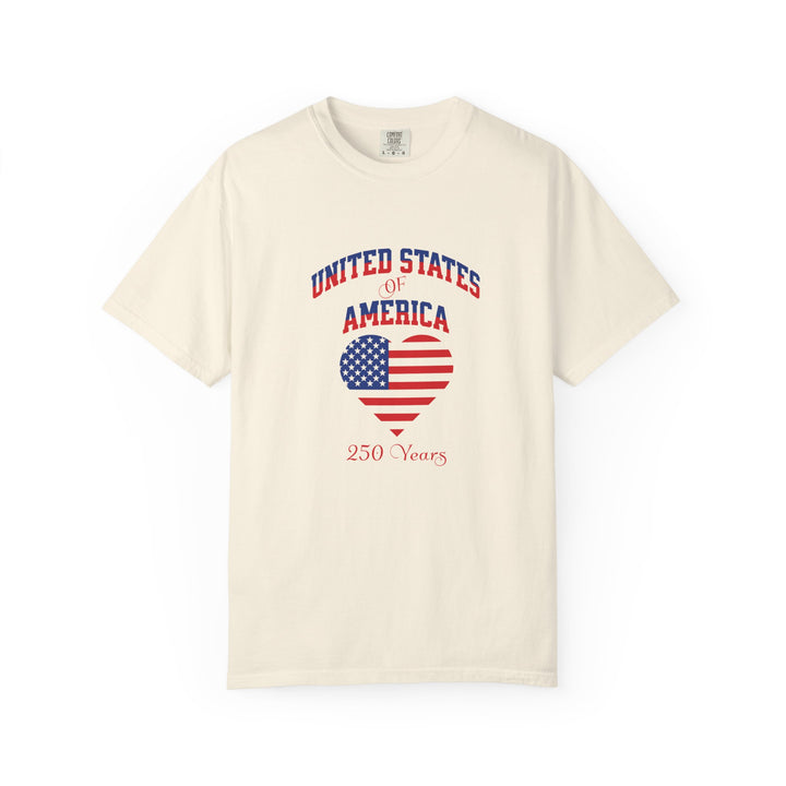 Beige t-shirt with 'United States of America 250 Years' design featuring an American flag heart on a white background