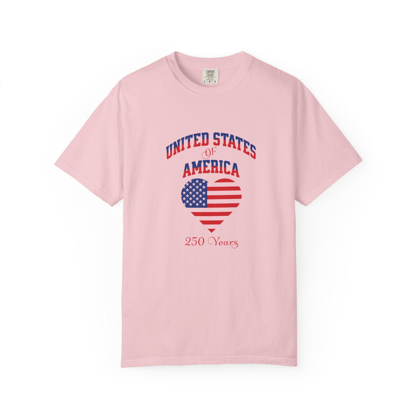 Pink t-shirt with 'United States of America 250 Years' design and a heart shaped flag graphc.