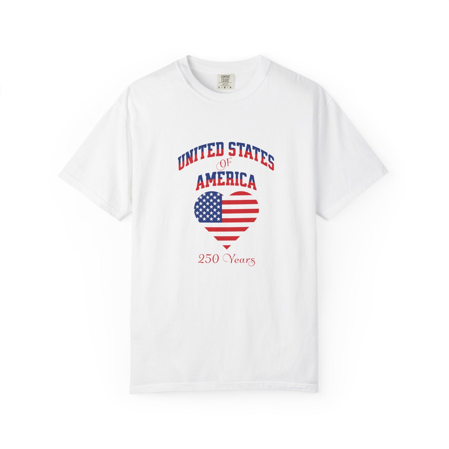 White t-shirt with 'United States of America 250 Years' design featuring an American flag heart on a white background