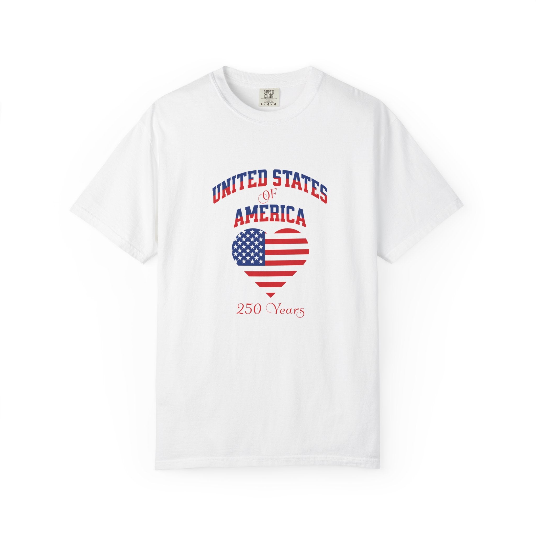 White t-shirt with 'United States of America 250 Years' design featuring an American flag heart on a white background