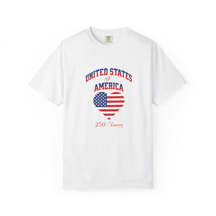White t-shirt with 'United States of America 250 Years' design featuring an American flag heart on a white background