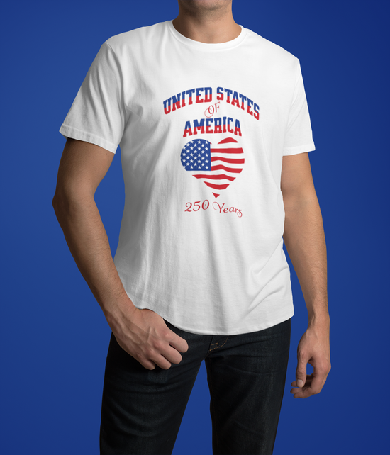 Person wearing a white t-shirt with 'United States of America 250 Years' text with a heart shaped US flag design on a blue background