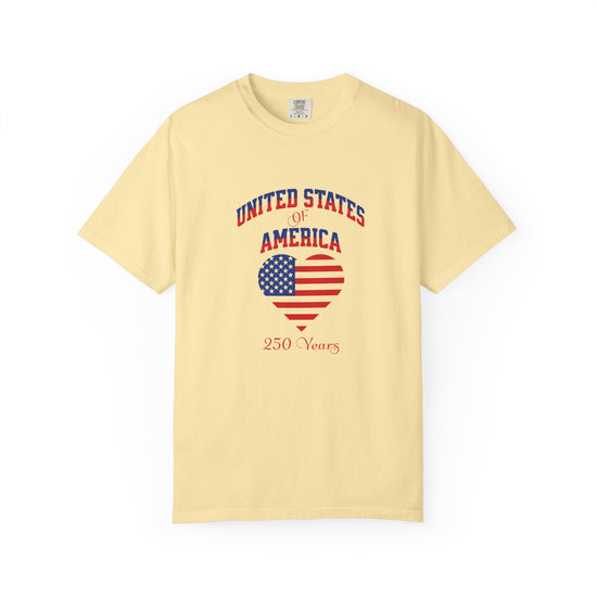 Yellow t-shirt with 'United States of America' and heart design on a white background