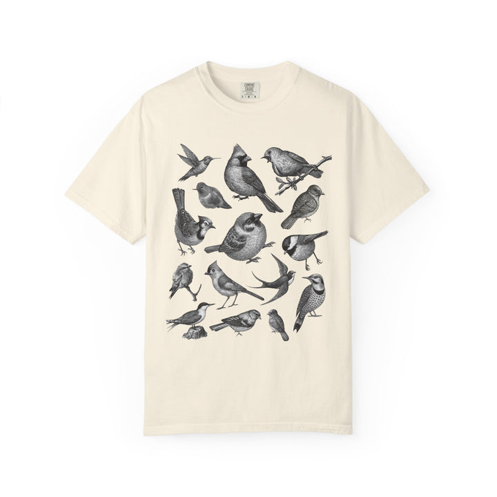 Beige t-shirt with black bird illustrations 