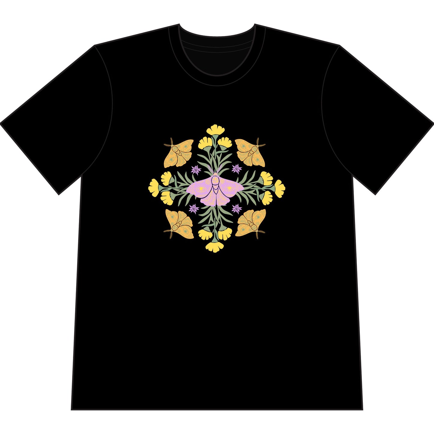 Black organic cotton t-shirt with graphic of butterflies and flowers in shape of a mandala.