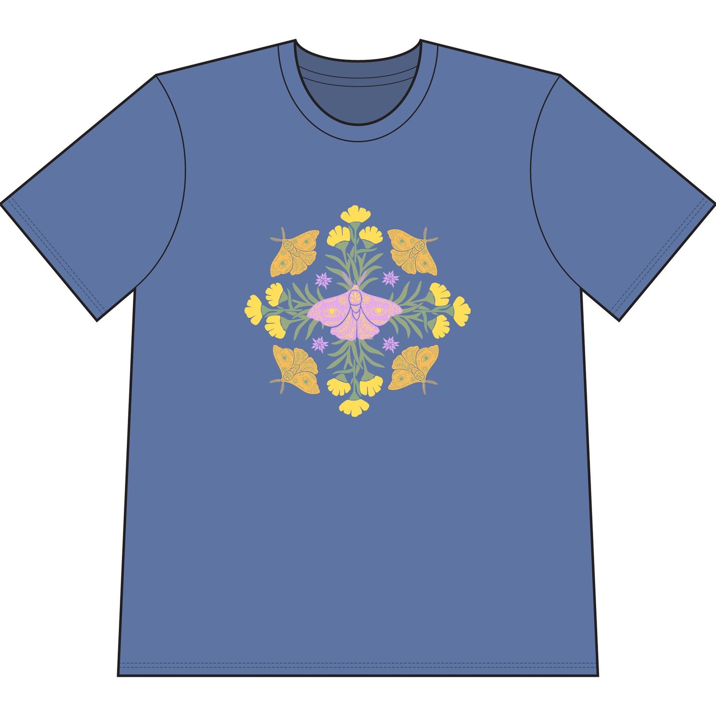 Blue organic cotton t-shirt with graphic of butterflies and flowers in shape of a mandala.