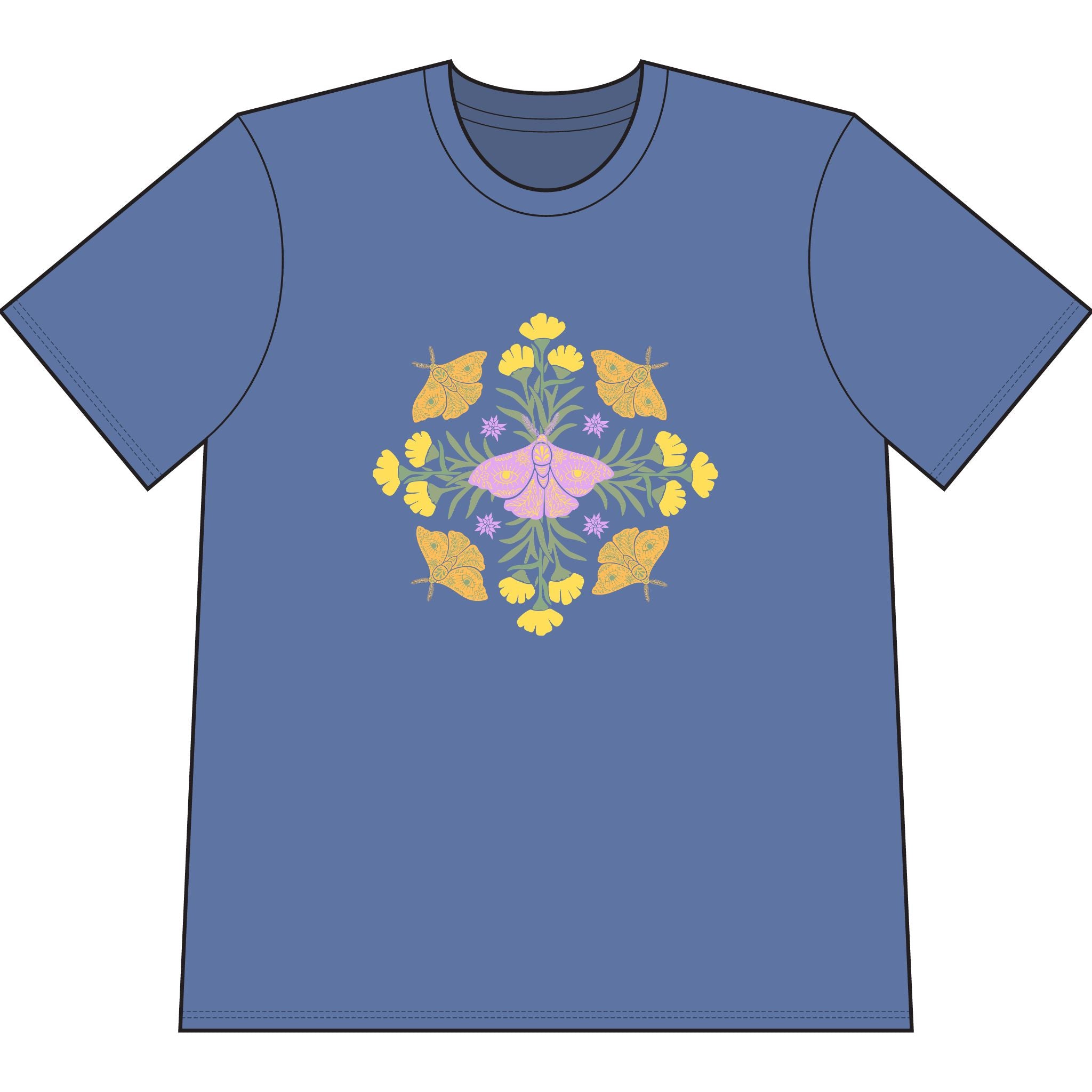 Blue organic cotton t-shirt with graphic of butterflies and flowers in shape of a mandala.