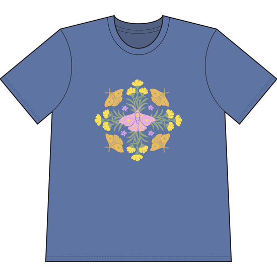 Blue organic cotton t-shirt with graphic of butterflies and flowers in shape of a mandala.