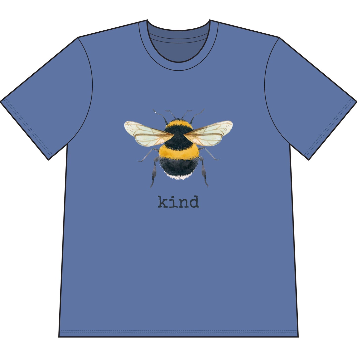 Blue organic cotton short sleeve, crew neck t-shirt has graphic of a bumble bee and text that says "kind"