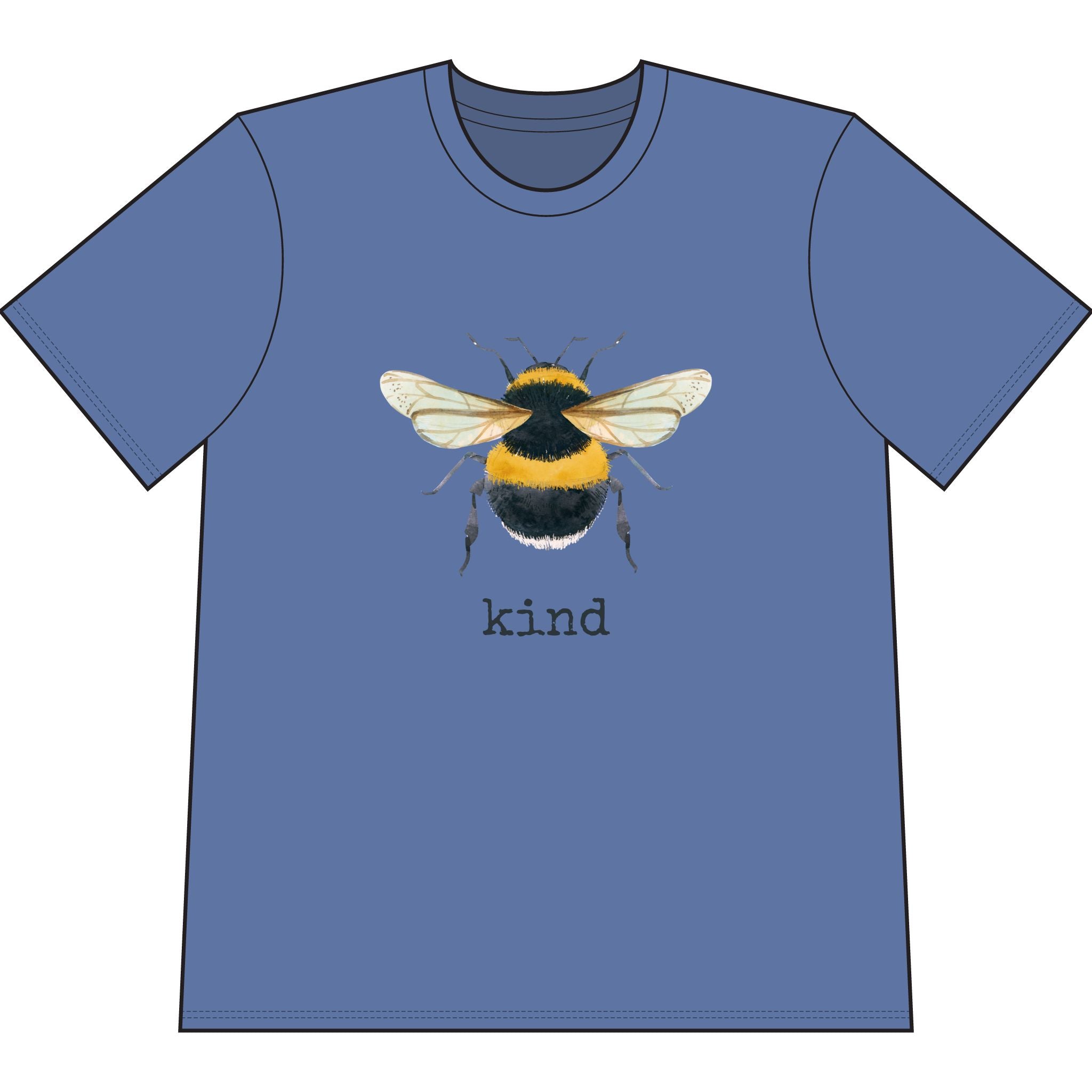 Blue organic cotton short sleeve, crew neck t-shirt has graphic of a bumble bee and text that says "kind"