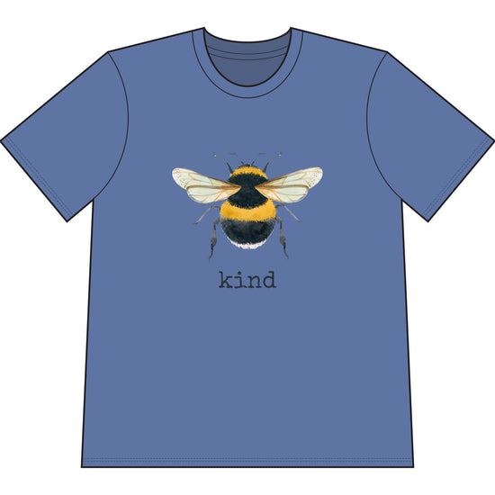 Blue organic cotton short sleeve, crew neck t-shirt has graphic of a bumble bee and text that says "kind"
