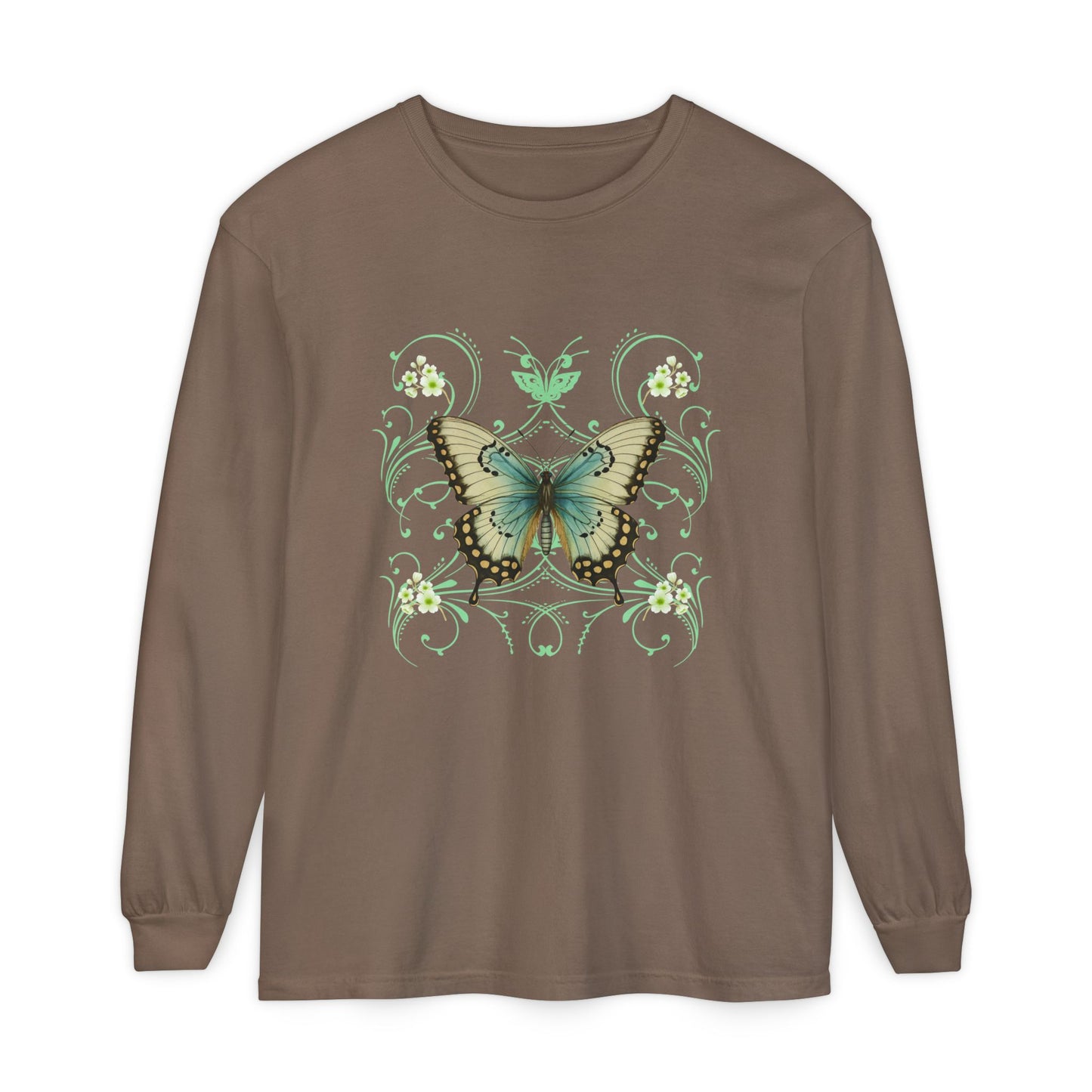 Brown long sleeve, crew neck cotton t shirt has graphic pf a butterfly and  in a 90's style design.