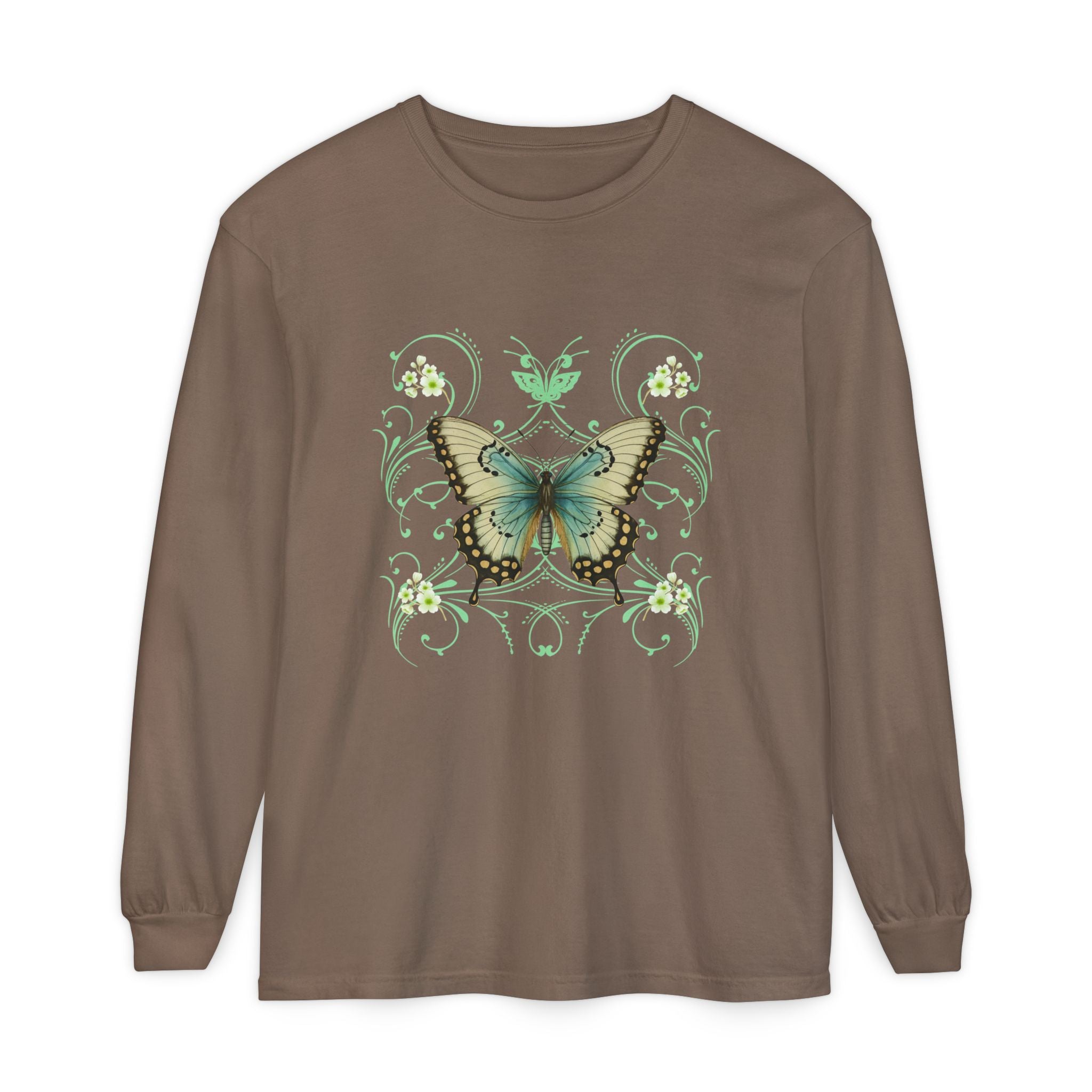 Brown long sleeve, crew neck cotton t shirt has graphic pf a butterfly and  in a 90's style design.