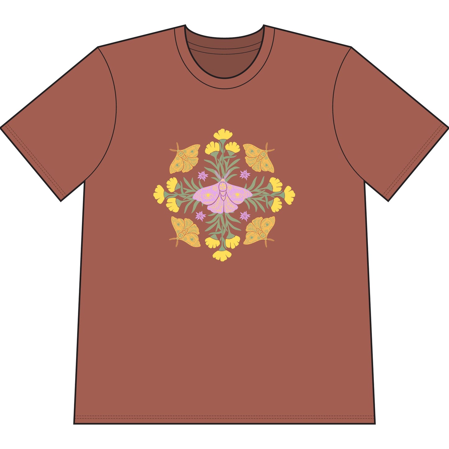 Brown organic cotton t-shirt with graphic of butterflies and flowers in shape of a mandala.