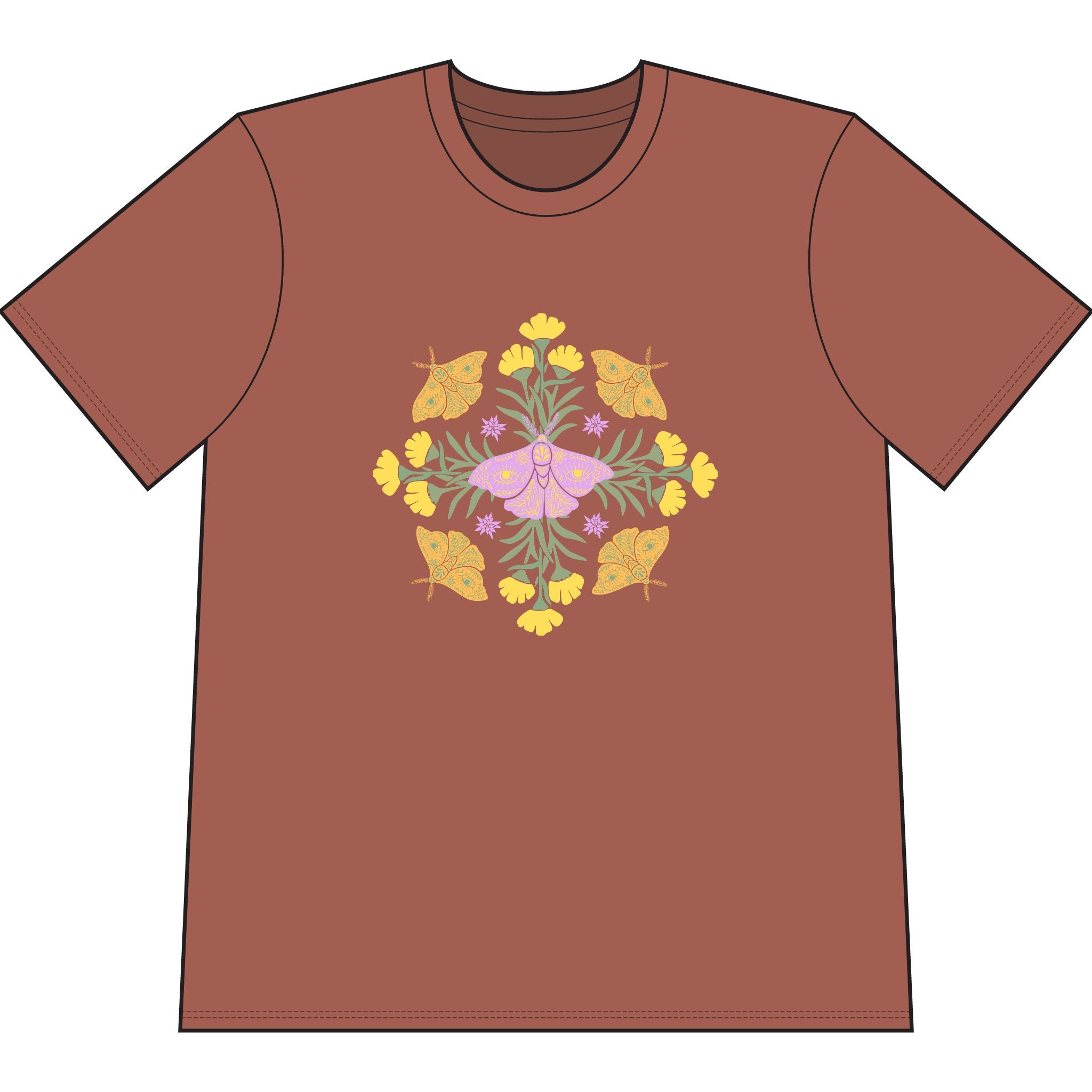 Brown organic cotton t-shirt with graphic of butterflies and flowers in shape of a mandala.