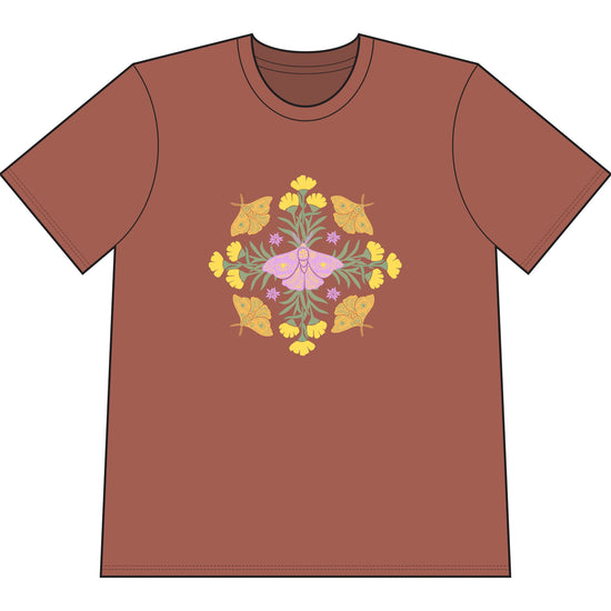 Brown organic cotton t-shirt with graphic of butterflies and flowers in shape of a mandala.