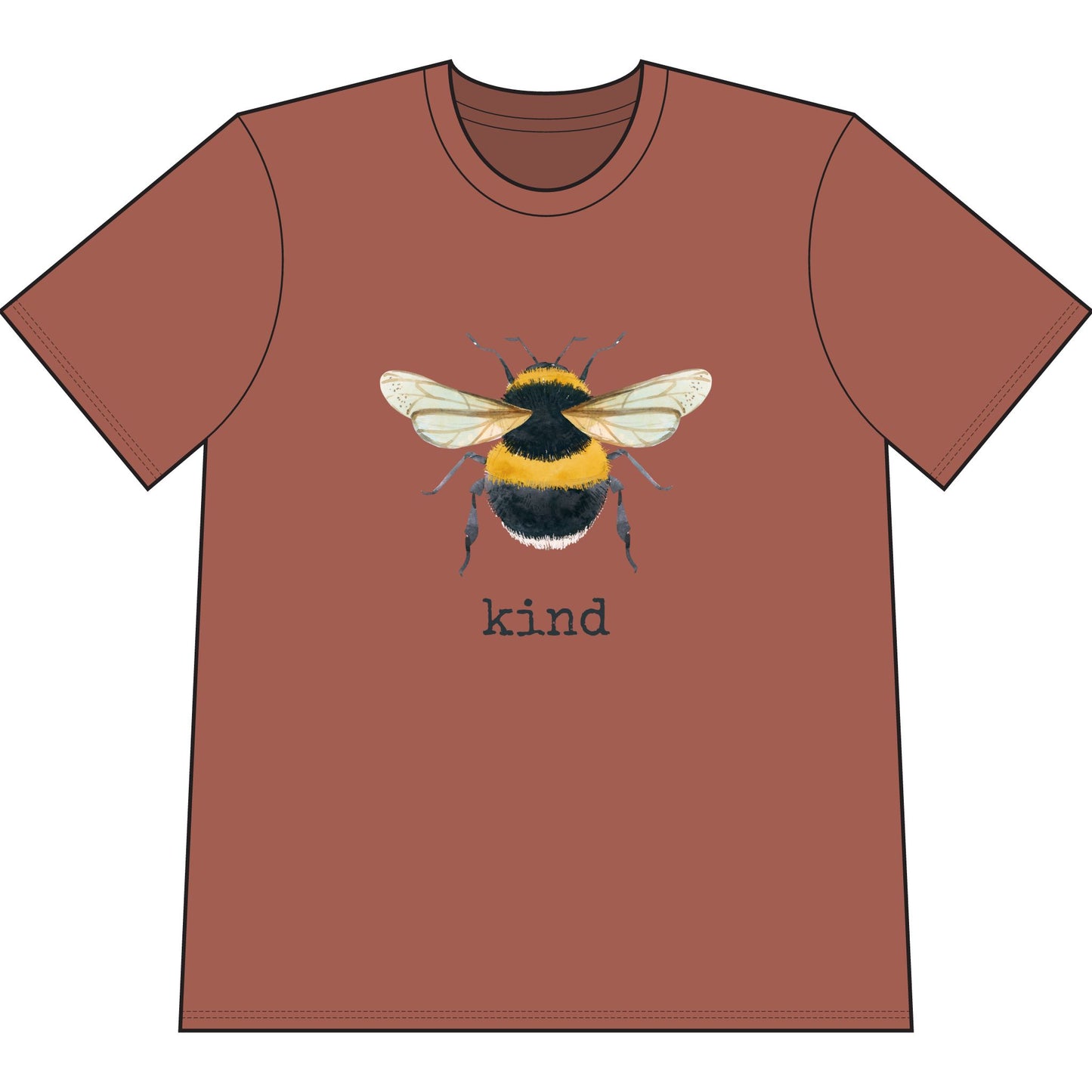 Brown organic cotton short sleeve, crew neck t-shirt has graphic of a bumble bee and text that says "kind"