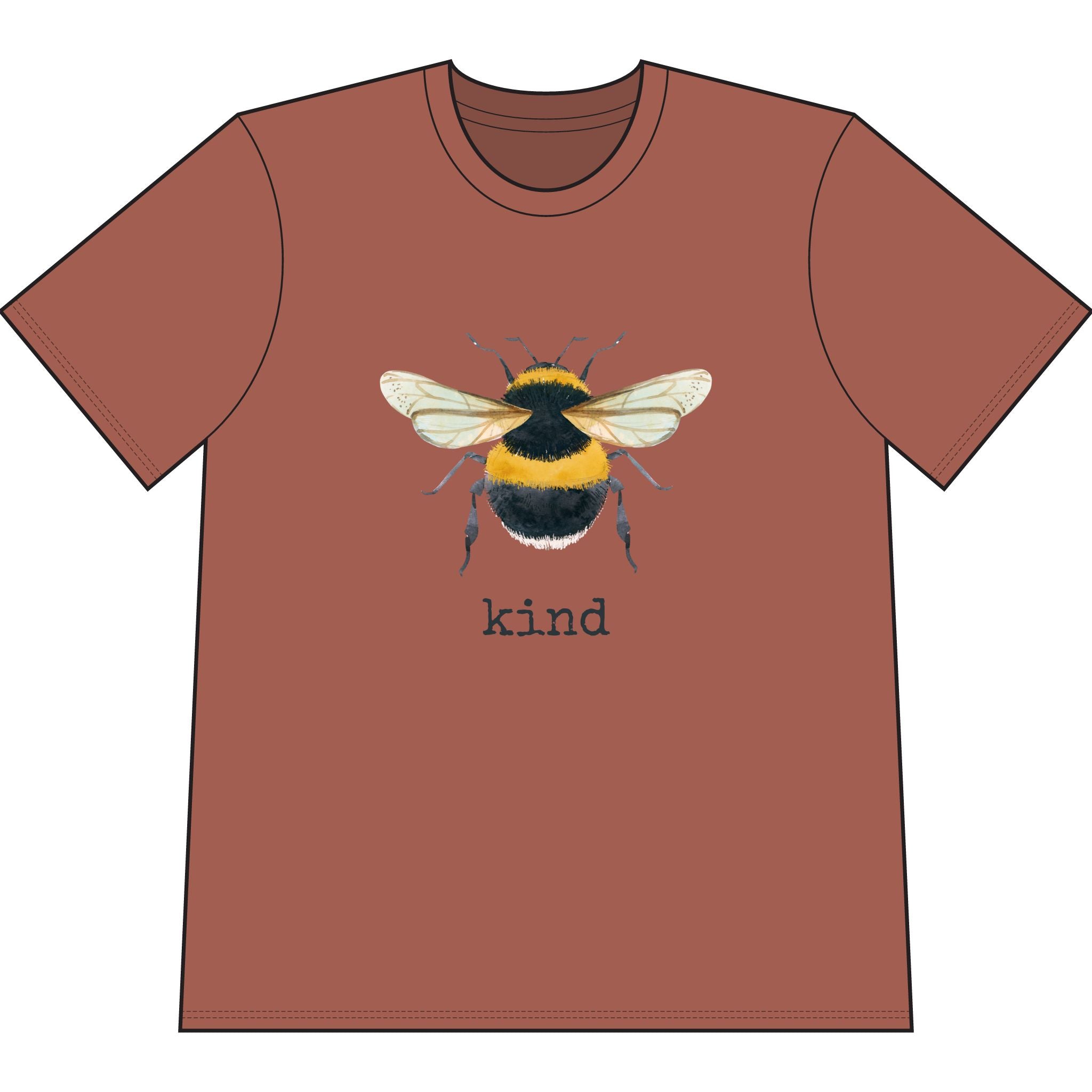 Brown organic cotton short sleeve, crew neck t-shirt has graphic of a bumble bee and text that says "kind"