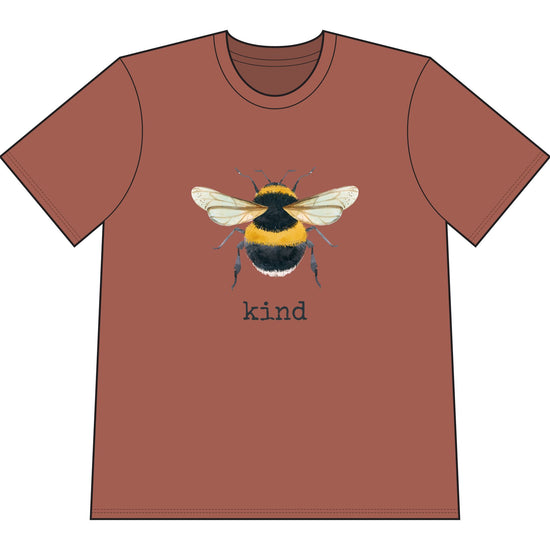 Brown organic cotton short sleeve, crew neck t-shirt has graphic of a bumble bee and text that says "kind"