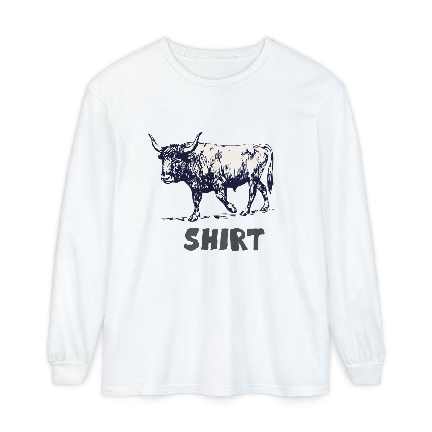 A white long-sleeve crewneck t-shirt featuring a black graphic of a bull and the word 'SHIRT' printed underneath, "Bull Shirt" displayed on a clean white background.