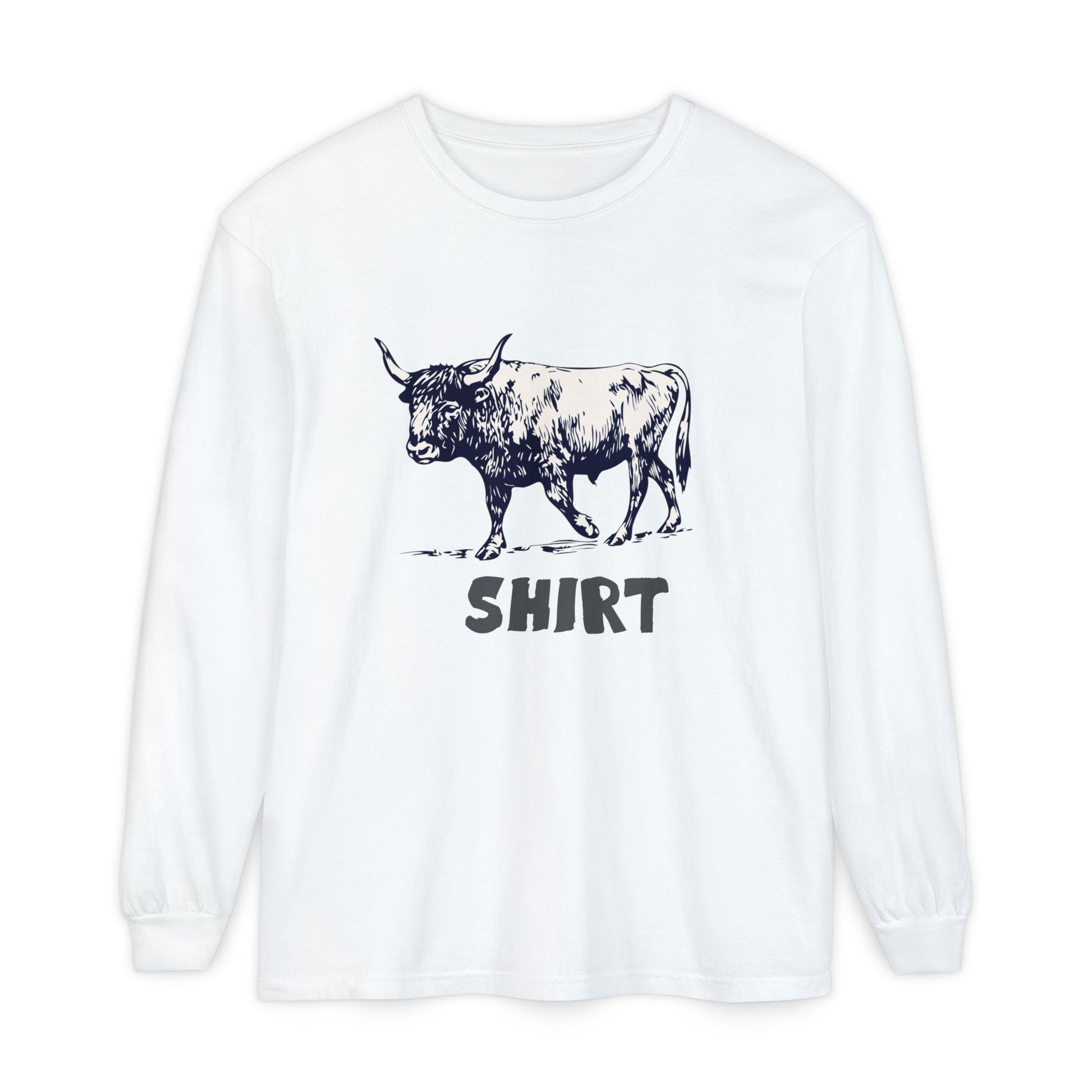 A white long-sleeve crewneck t-shirt featuring a black graphic of a bull and the word 'SHIRT' printed underneath, "Bull Shirt" displayed on a clean white background.