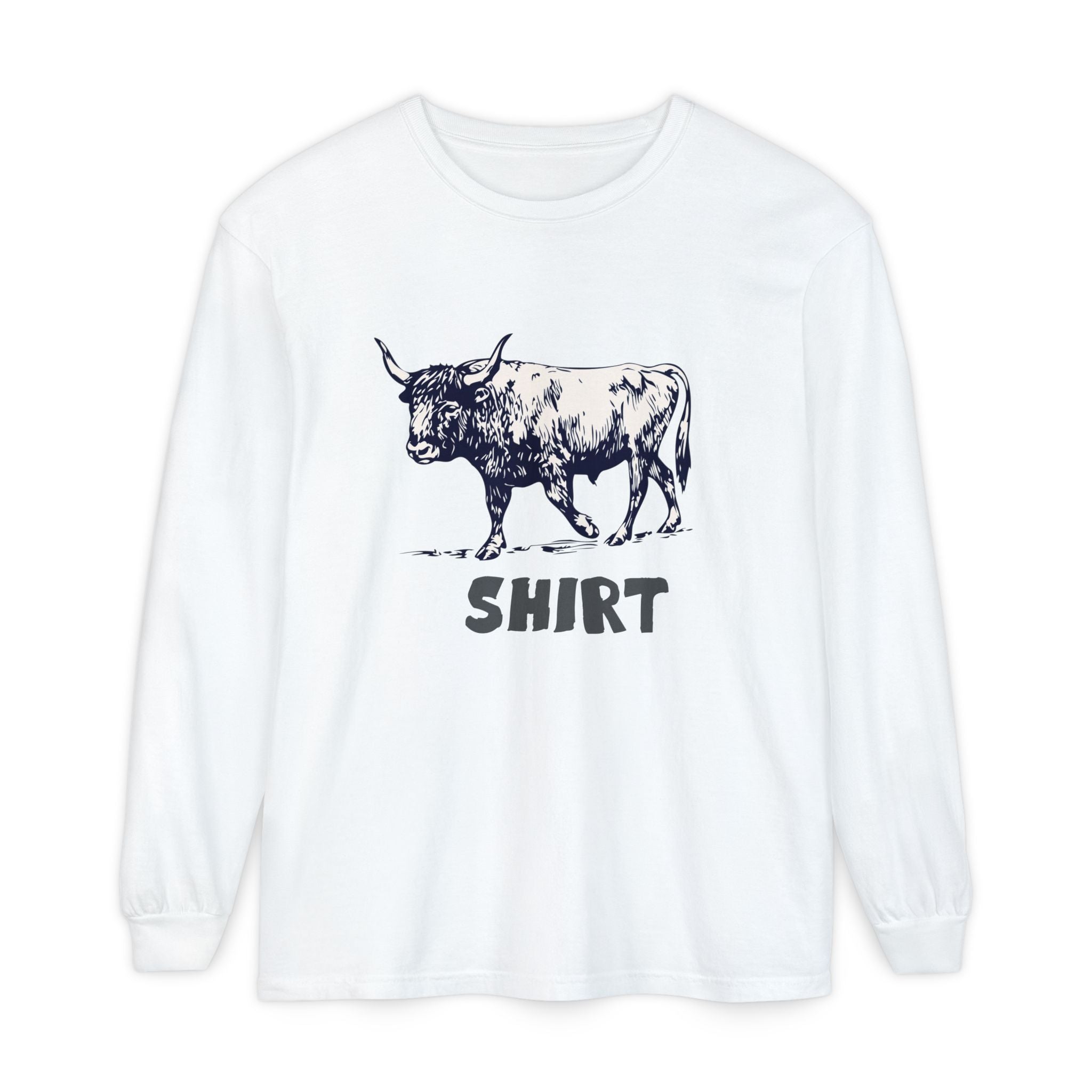 A white long-sleeve crewneck t-shirt featuring a black graphic of a bull and the word 'SHIRT' printed underneath, "Bull Shirt" displayed on a clean white background.
