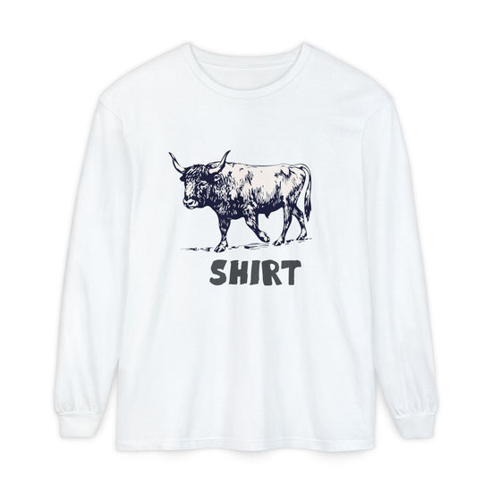 A white long-sleeve crewneck t-shirt featuring a black graphic of a bull and the word 'SHIRT' printed underneath, "Bull Shirt" displayed on a clean white background.