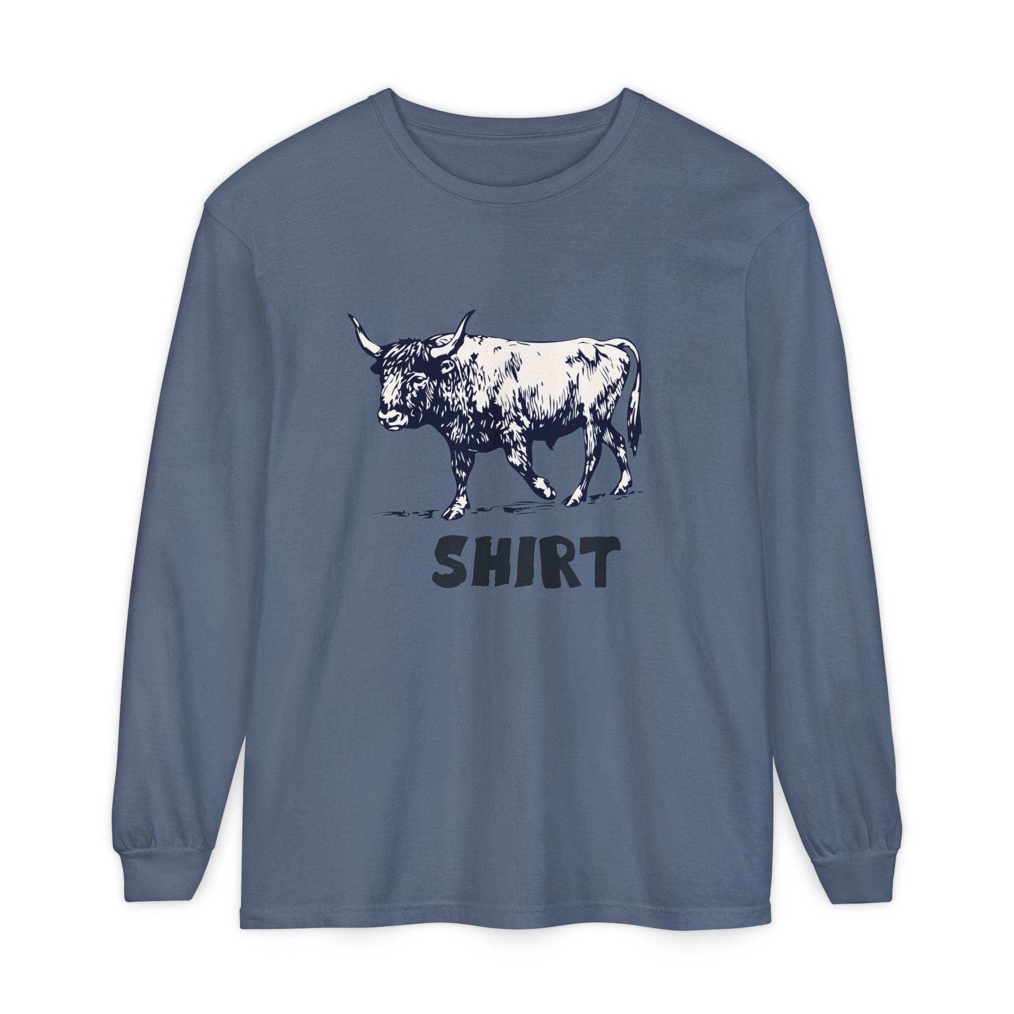 Blue  long-sleeve crewneck t-shirt featuring a black graphic of a bull and the word 'SHIRT' printed underneath, "Bull Shirt" displayed on a clean white background.