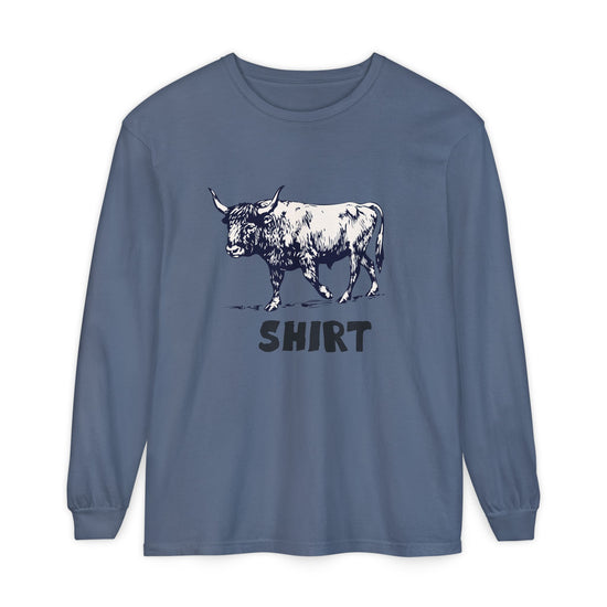 Blue  long-sleeve crewneck t-shirt featuring a black graphic of a bull and the word 'SHIRT' printed underneath, "Bull Shirt" displayed on a clean white background.