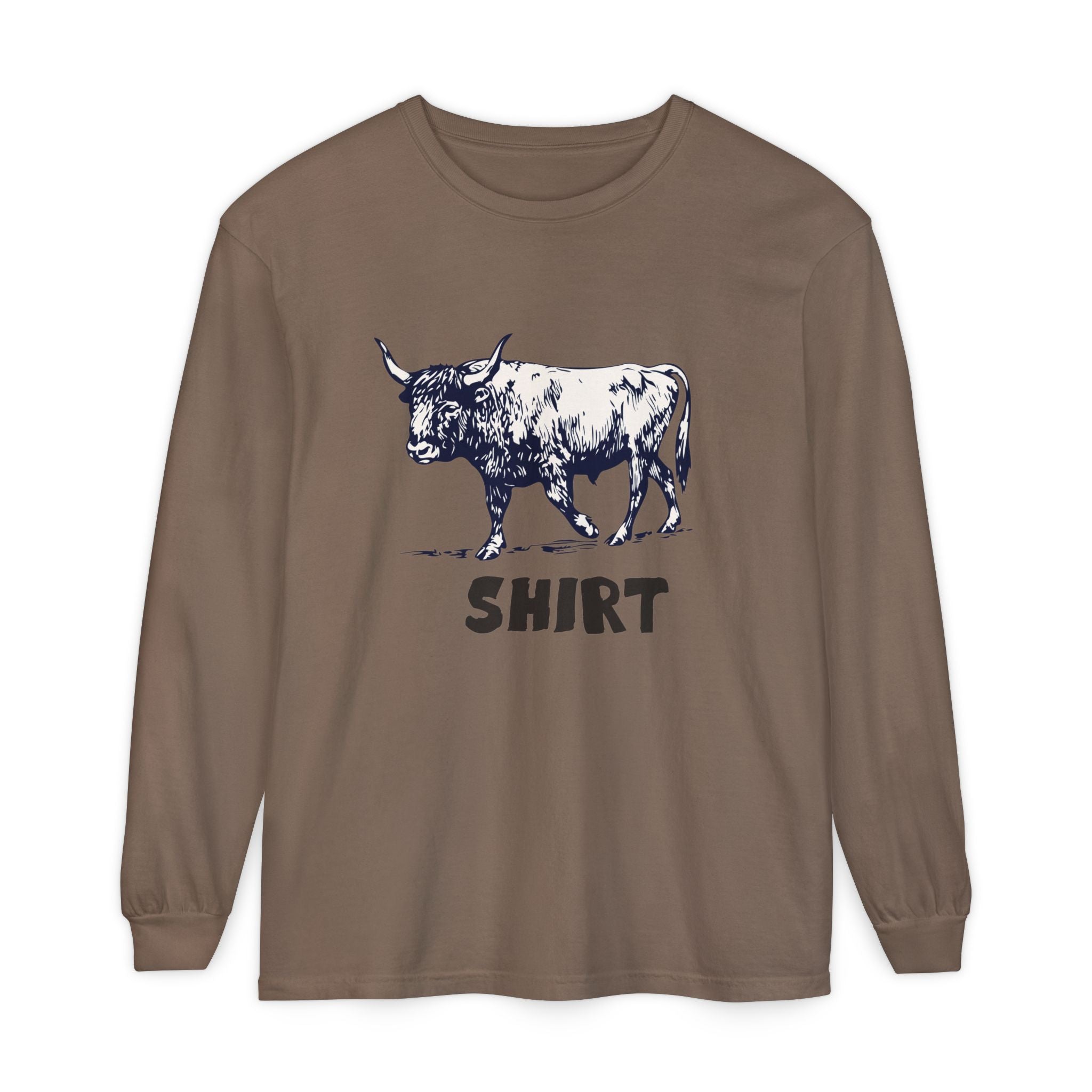 Brown long-sleeve crewneck t-shirt featuring a black graphic of a bull and the word 'SHIRT' printed underneath, "Bull Shirt" displayed on a clean white background.