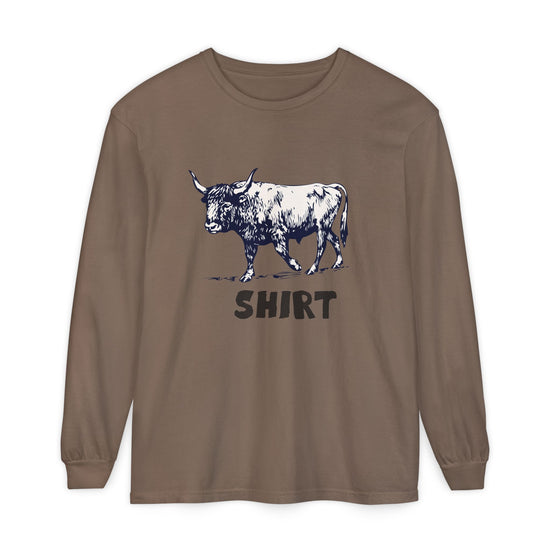 Brown long-sleeve crewneck t-shirt featuring a black graphic of a bull and the word 'SHIRT' printed underneath, "Bull Shirt" displayed on a clean white background.