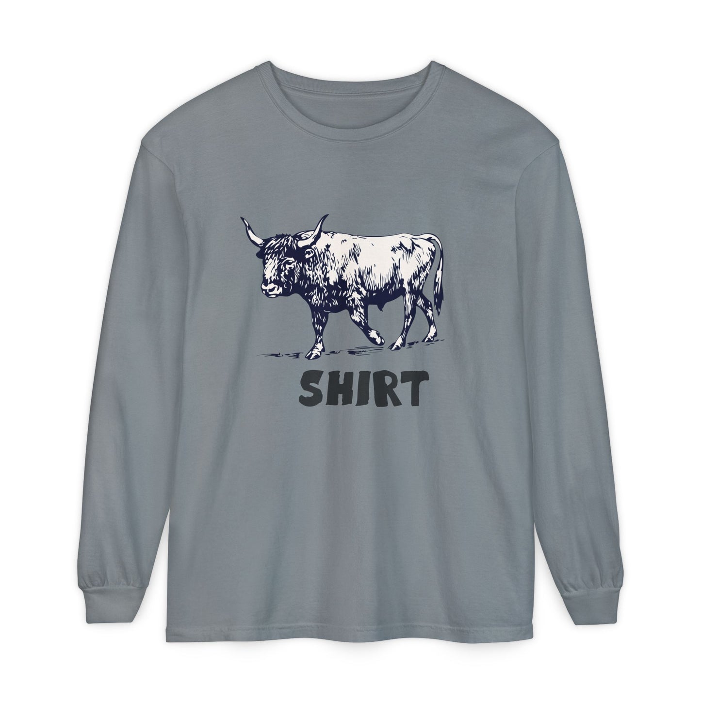 Grey long-sleeve crewneck t-shirt featuring a black graphic of a bull and the word 'SHIRT' printed underneath, "Bull Shirt" displayed on a clean white background.
