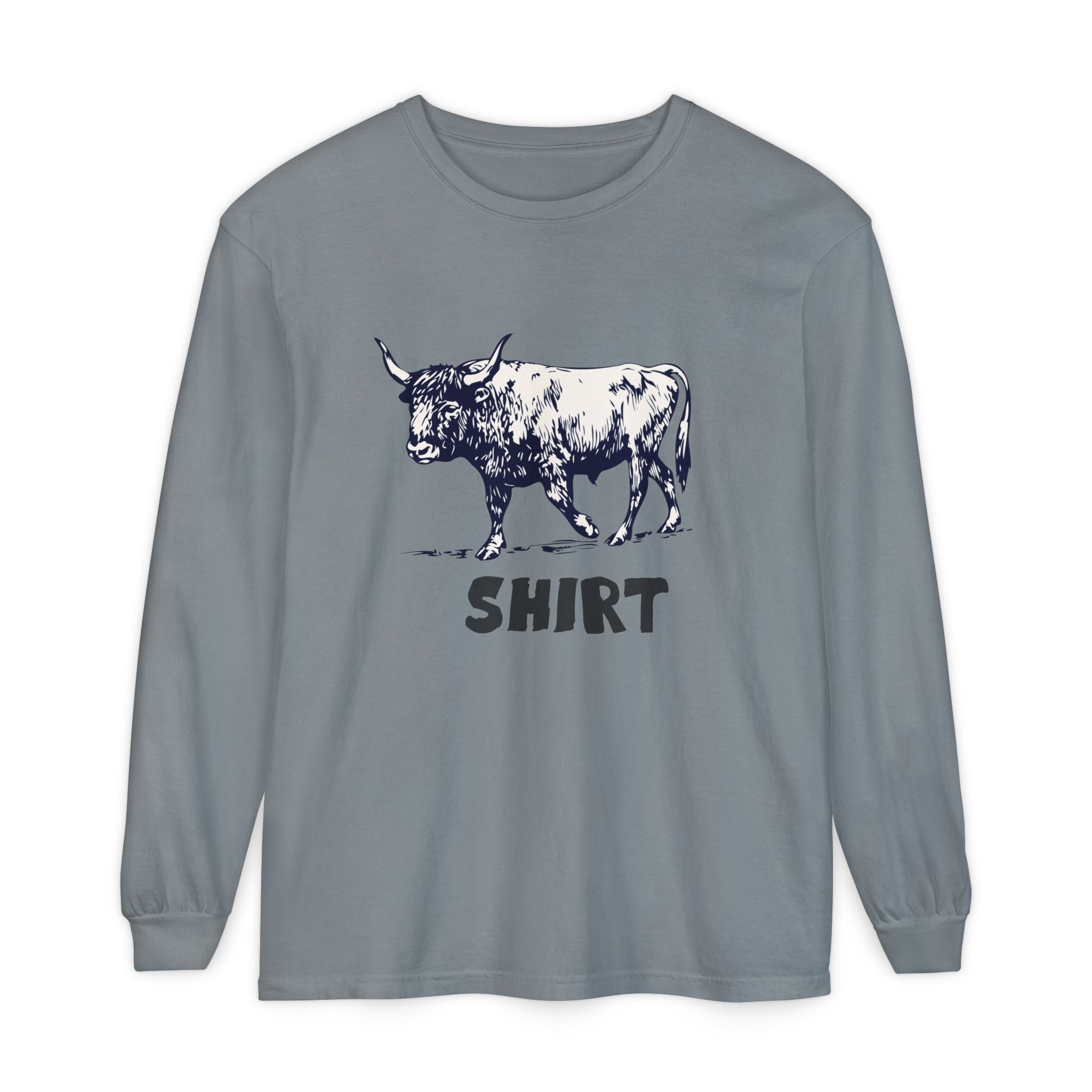 Grey long-sleeve crewneck t-shirt featuring a black graphic of a bull and the word 'SHIRT' printed underneath, "Bull Shirt" displayed on a clean white background.