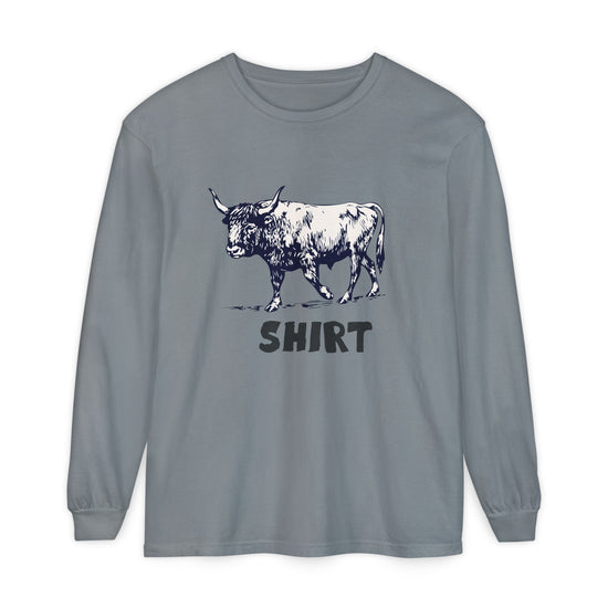 Grey long-sleeve crewneck t-shirt featuring a black graphic of a bull and the word 'SHIRT' printed underneath, "Bull Shirt" displayed on a clean white background.