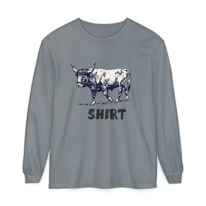 Grey long-sleeve crewneck t-shirt featuring a black graphic of a bull and the word 'SHIRT' printed underneath, "Bull Shirt" displayed on a clean white background.