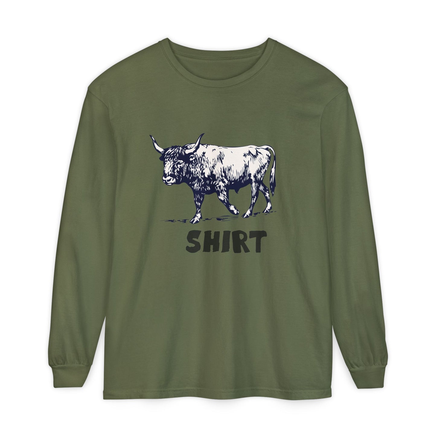 Green long-sleeve crewneck t-shirt featuring a black graphic of a bull and the word 'SHIRT' printed underneath, "Bull Shirt" displayed on a clean white background.