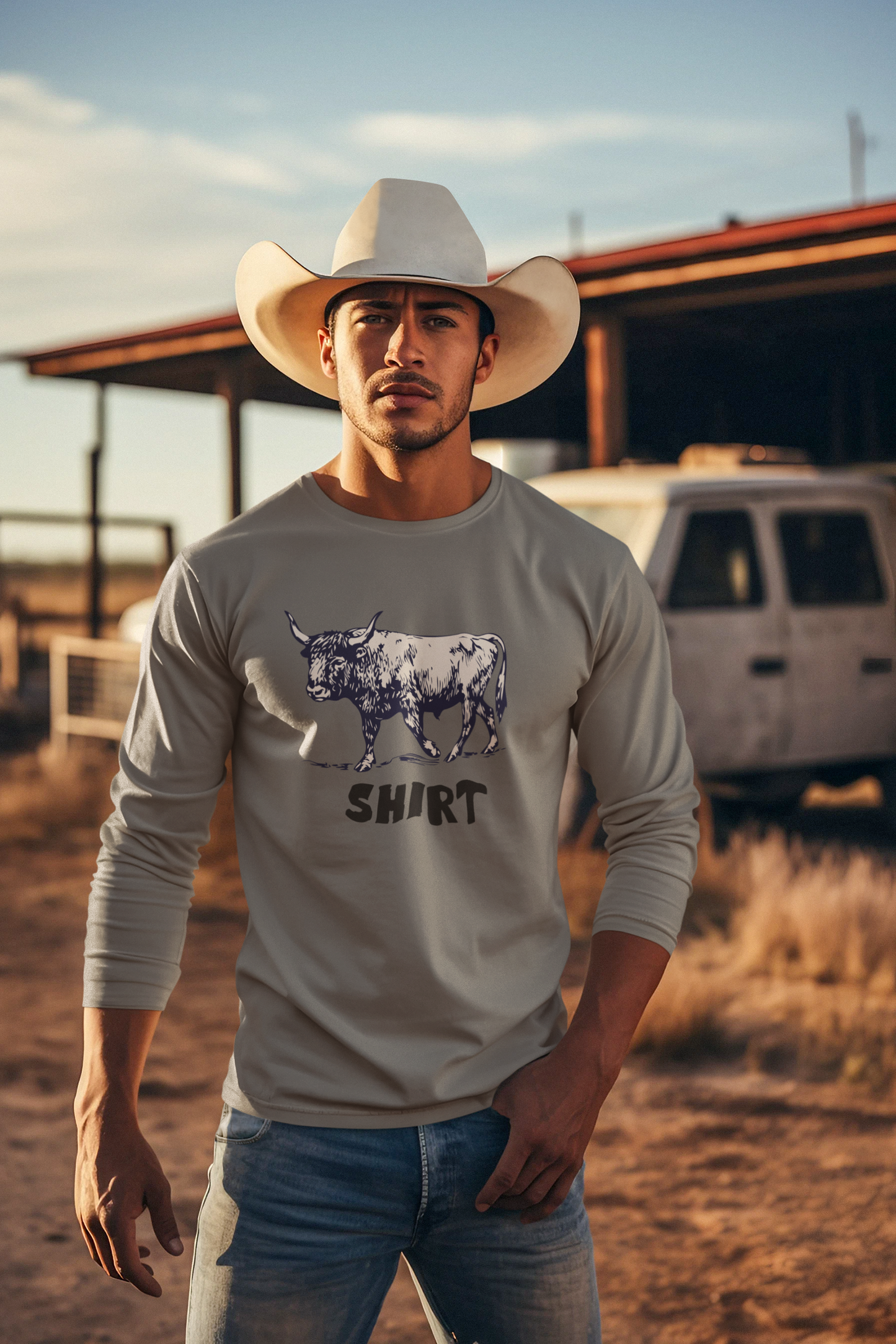Grey ong-sleeve crewneck t-shirt featuring a black graphic of a bull and the word 'SHIRT' printed underneath, "Bull Shirt" worn by cowboy.