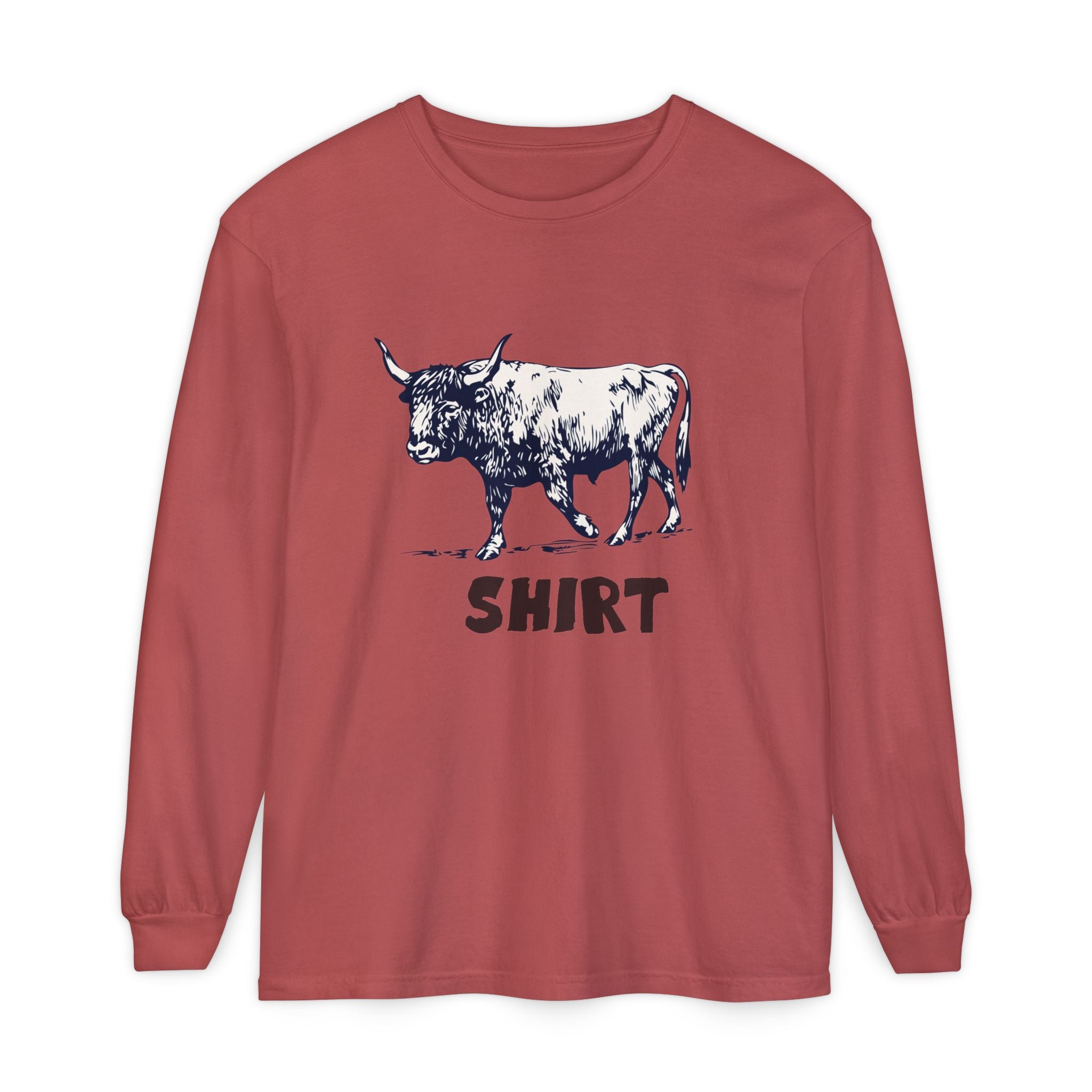 Red long-sleeve crewneck t-shirt featuring a black graphic of a bull and the word 'SHIRT' printed underneath, "Bull Shirt" displayed on a clean white background.