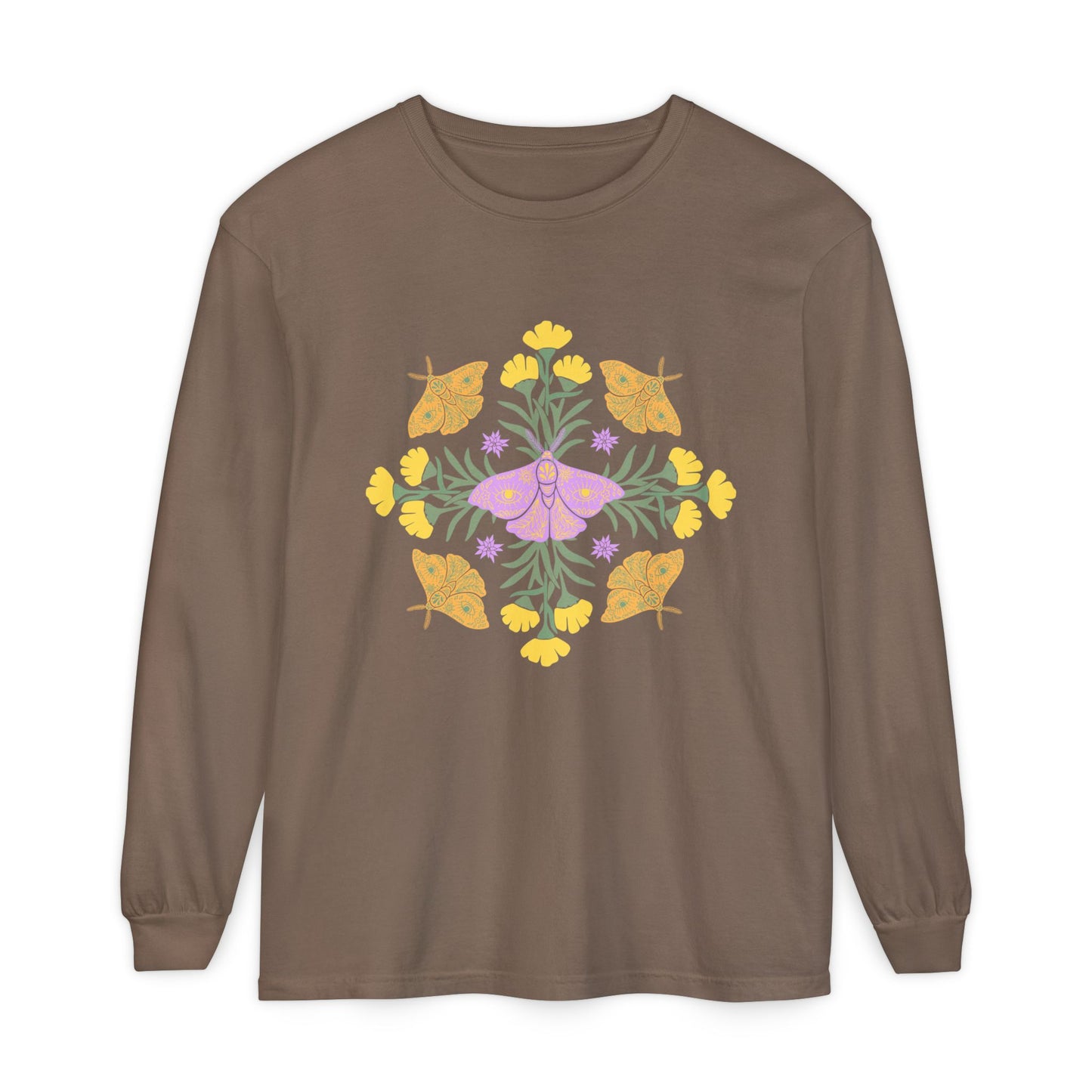 Brown  long-sleeve crewneck t-shirt featuring a colorful central graphic of a purple butterfly surrounded by yellow flowers and green leaves, with orange butterflies on either side. A mandala.