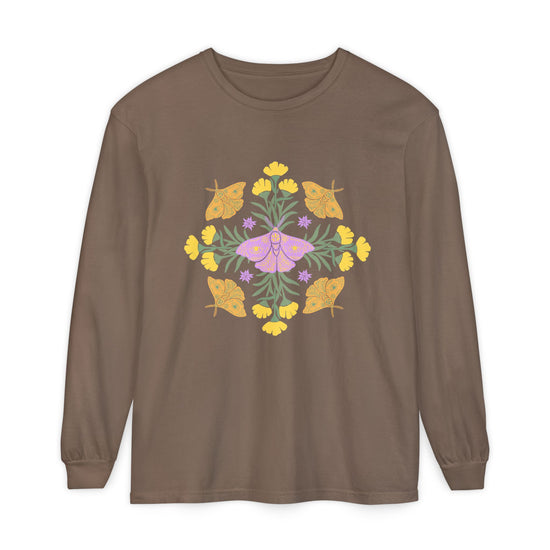 Brown  long-sleeve crewneck t-shirt featuring a colorful central graphic of a purple butterfly surrounded by yellow flowers and green leaves, with orange butterflies on either side. A mandala.