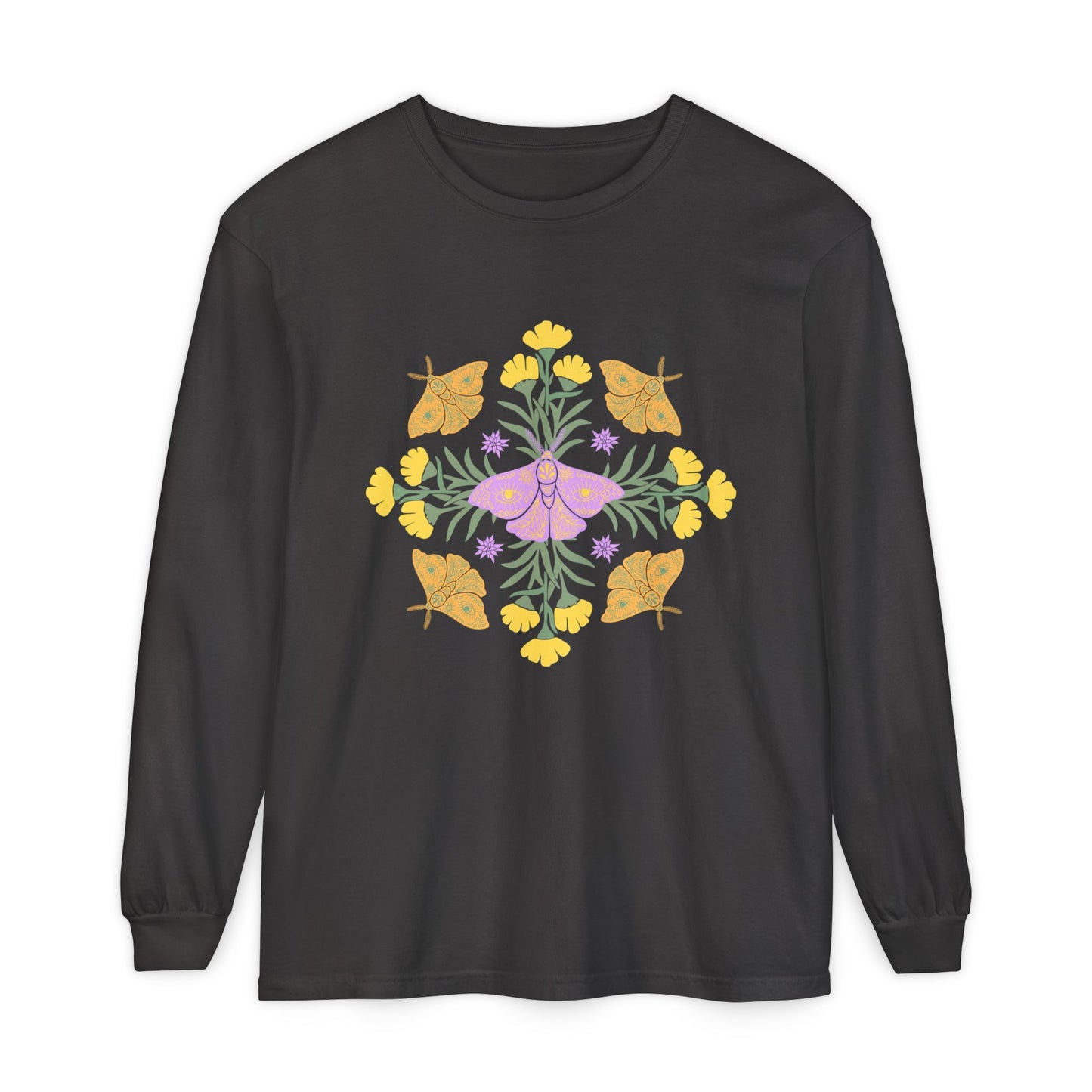 Black long-sleeve crewneck t-shirt featuring a colorful central graphic of a purple butterfly surrounded by yellow flowers and green leaves, with orange butterflies on either side. A mandala.