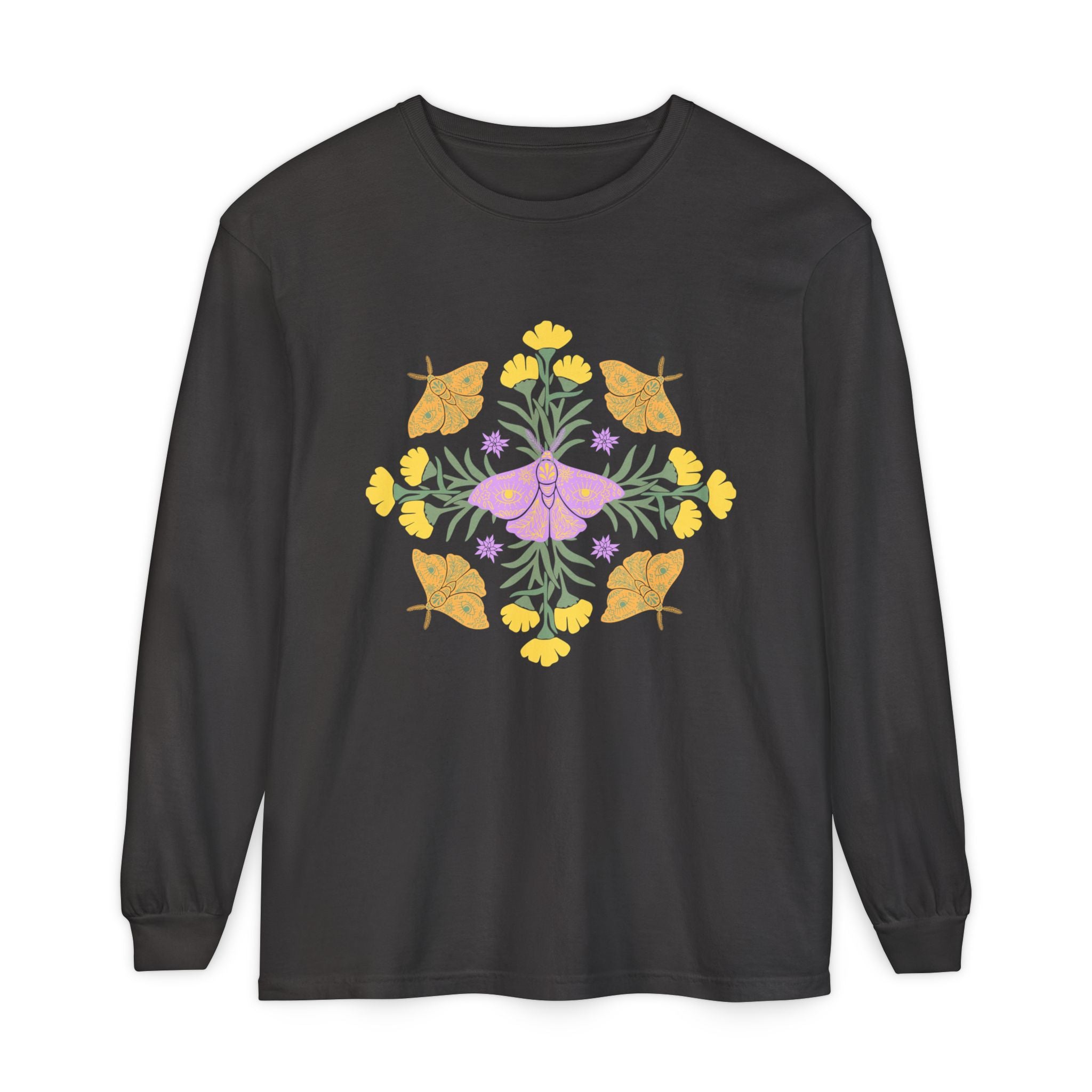 Black long-sleeve crewneck t-shirt featuring a colorful central graphic of a purple butterfly surrounded by yellow flowers and green leaves, with orange butterflies on either side. A mandala.