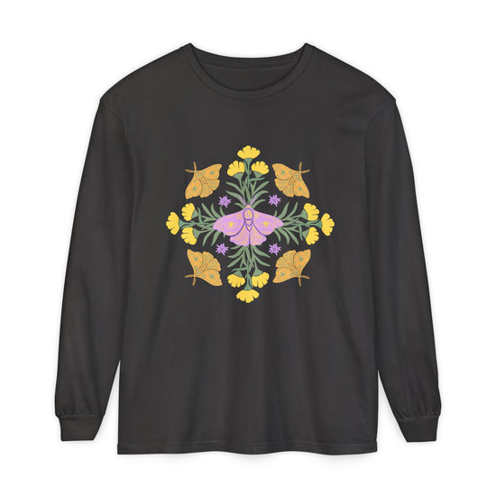 Black long-sleeve crewneck t-shirt featuring a colorful central graphic of a purple butterfly surrounded by yellow flowers and green leaves, with orange butterflies on either side. A mandala.